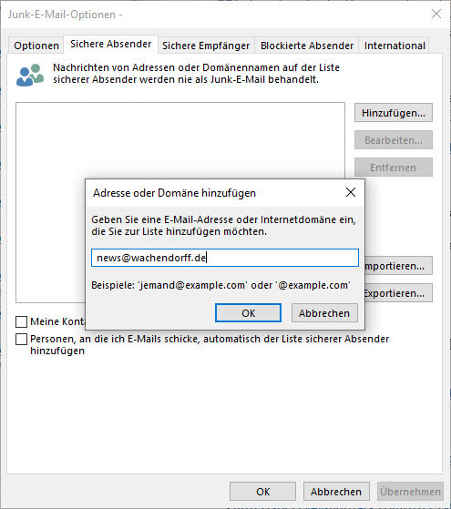 Sichere Adresse in Outlook