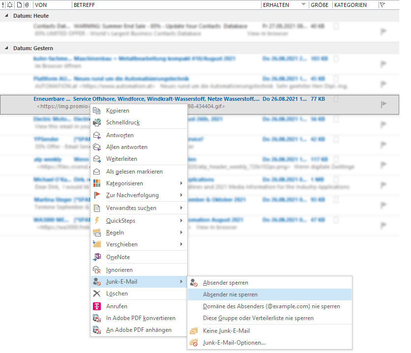 Outlook - Absender nie sperren Outlook - Absender nie sperren