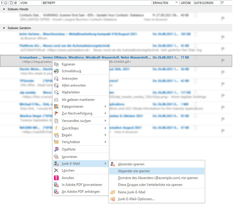 Outlook - Absender nie sperren